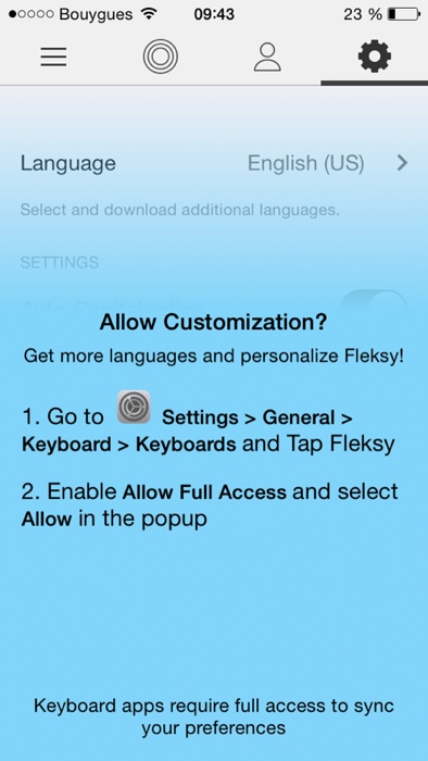 Capture des options de Fleksy