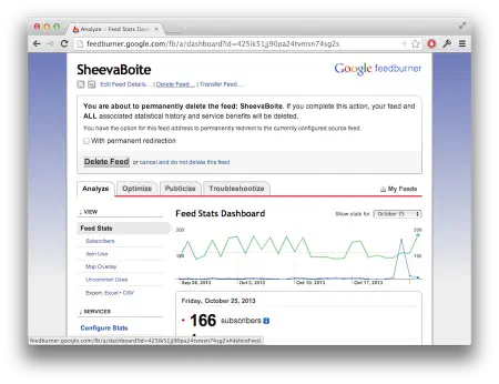 Capture de la suppression d&rsquo;un compte Feedburner