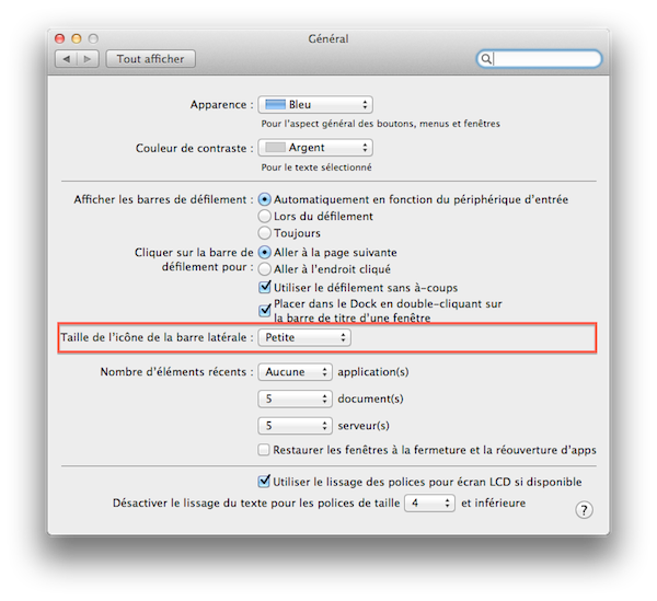 Capture de l’application Préférences sur l’onglet Général pour régler la taille de la barre latérale du Finder