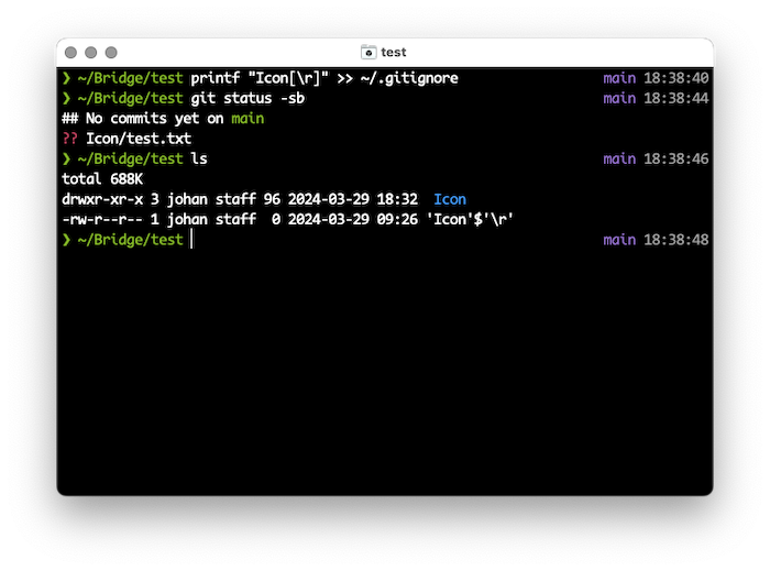 Capture d’un Terminal qui n’affiche plus le fichier Icon'$'\r dans le git status