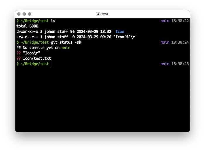 Capture d’un Terminal ou le git status pose problème avec le fichier Icon'$'\r