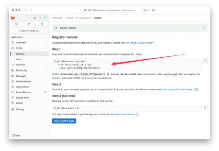 Capture de Gitlab après la création du runner