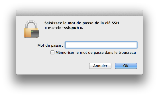 Le prompt d’authentification pour utiliser ma clé SSH