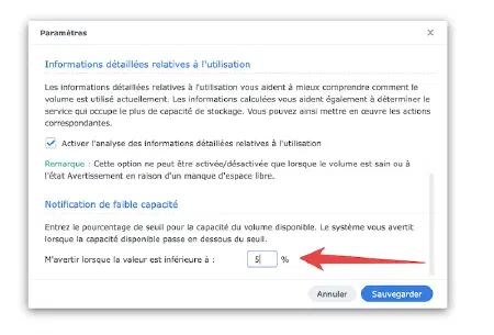 Capture du paramètre &ldquo;Notification de faible capacité&rdquo;