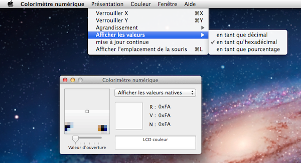 Capture du colorimètre en hexa sur Lion