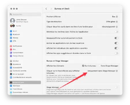 Capture du Réglages de Mac OS pour désactiver les cliques sur le bureau