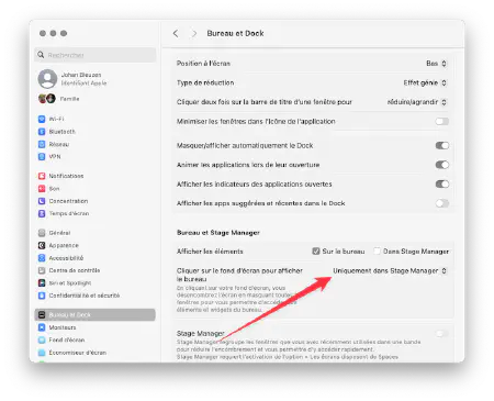 Capture du Réglages de Mac OS pour désactiver les cliques sur le bureau