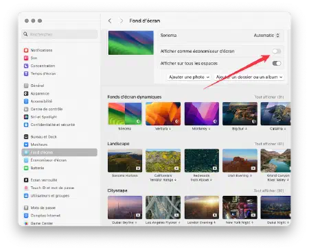 Capture du Réglages de Mac OS pour désactiver les fonds d&rsquo;écrans animés