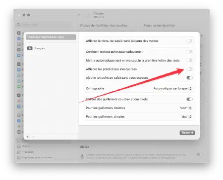 Capture du Réglages de Mac OS pour désactiver la prédiction du texte saisi