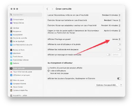 Capture du Réglages de Mac OS pour désactiver l&rsquo;horloge sur l&rsquo;écran verrouillé