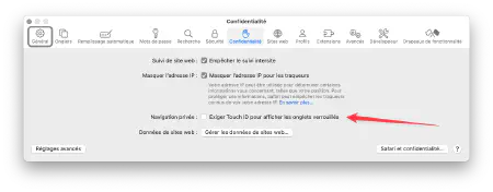 Capture du Réglages de Mac OS pour désactiver Touch ID afin de déverrouillé les onglets privés de Safari