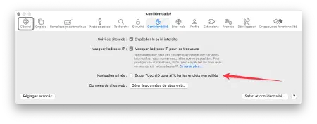 Capture du Réglages de Mac OS pour désactiver Touch ID afin de déverrouillé les onglets privés de Safari